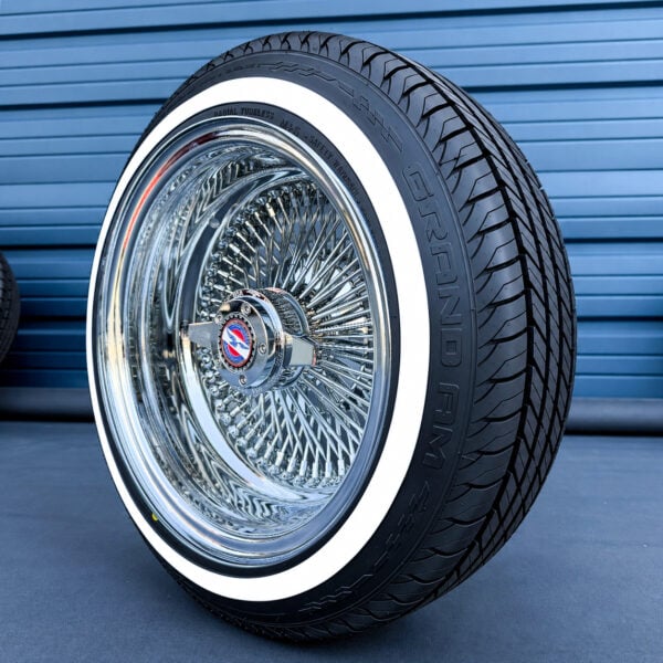 zenith-14x7-reverse-chrome-100-spoke-wire-wheel-and-whitewall-tire-set-side-view 14x7 zenith wire wheels reverse 100 spoke with 2-bar zenith knock-off