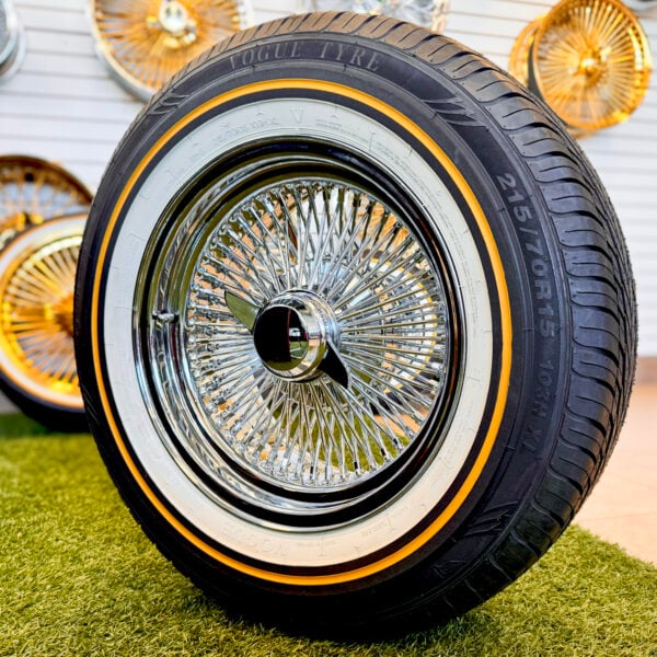 15x7” Chrome 100 Spoke Wire Wheels + Original Vogue Tires (215/70R15) – Whitewall & Gold Stripe – Set of 4