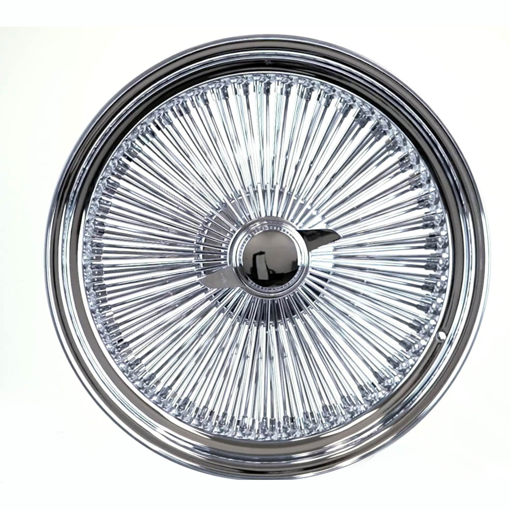 20×8″ Chrome 150-Spoke Wire Wheels – Complete Set of 4, lead hammer, adapters, and 2-bar knock-off included.