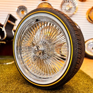 20-inch-wire-wheels-chrome-150-spoke-vogue-245-40-20-tires-side 20x8 wire wheels chrome 150 spoke with 2-bar knock-off side ninja tire