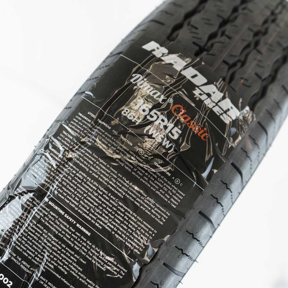 thumbnail image 2 of 4 New Radar Dimax Classic 155R15 Tires – 82S, White Sidewall, All Season (Set Of 4) 2 of 6