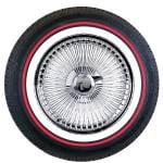 15x7-100-standard-spoke-vogue-red-stripe 15x7” Standard Chrome Wire Wheels – 100 Spoke + Original Vogue Tires 215/70R15 Red Stripe – Complete Set of 4