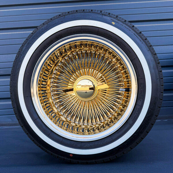 14x7-gold-center-wire-wheels-and-whitewall-tires-front-view Gold center front view mounted on whitewall tire