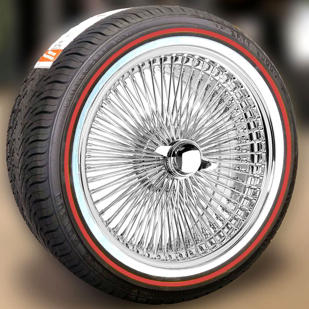 17x8-fwd-100-spoke-vogue-red-stripe-tire 17X8" FWD Wire Wheels 100 Spoke Chrome + Vogue 235/55R17, red stripe - Set of 4