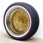20x8-150-spoke-wire-wheels-gold-center-chrome-lip copy 20x8” Gold Center 150-Spoke Standard Wire Wheels + Vogue Red Stripe Tires – Set of 4