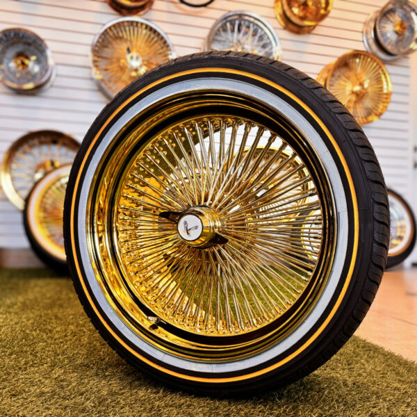 20x8” Standard Triple Plated Gold Wire Wheels – All Gold + Vogue Tires (245/40R20) – side view
