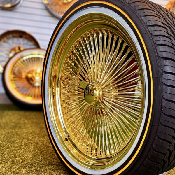 20x8” Standard Triple Plated Gold Wire Wheels – All Gold + Vogue Tires (245/40R20) – side view zoomed