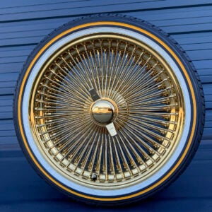 20x8-wire-wheels-fwd-150-spoke-all-gold-tripple-plated-245-40-20-vogue-tires 20x8 FWD wire wheel all gold triple plated gold with vogue tires front view