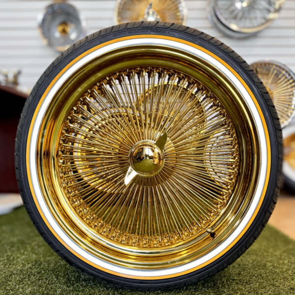 22x8" Gold Wire Wheels – 150 Spoke All Gold Standard Offset + Vogue Tires 265/35R22 (Set of 4)