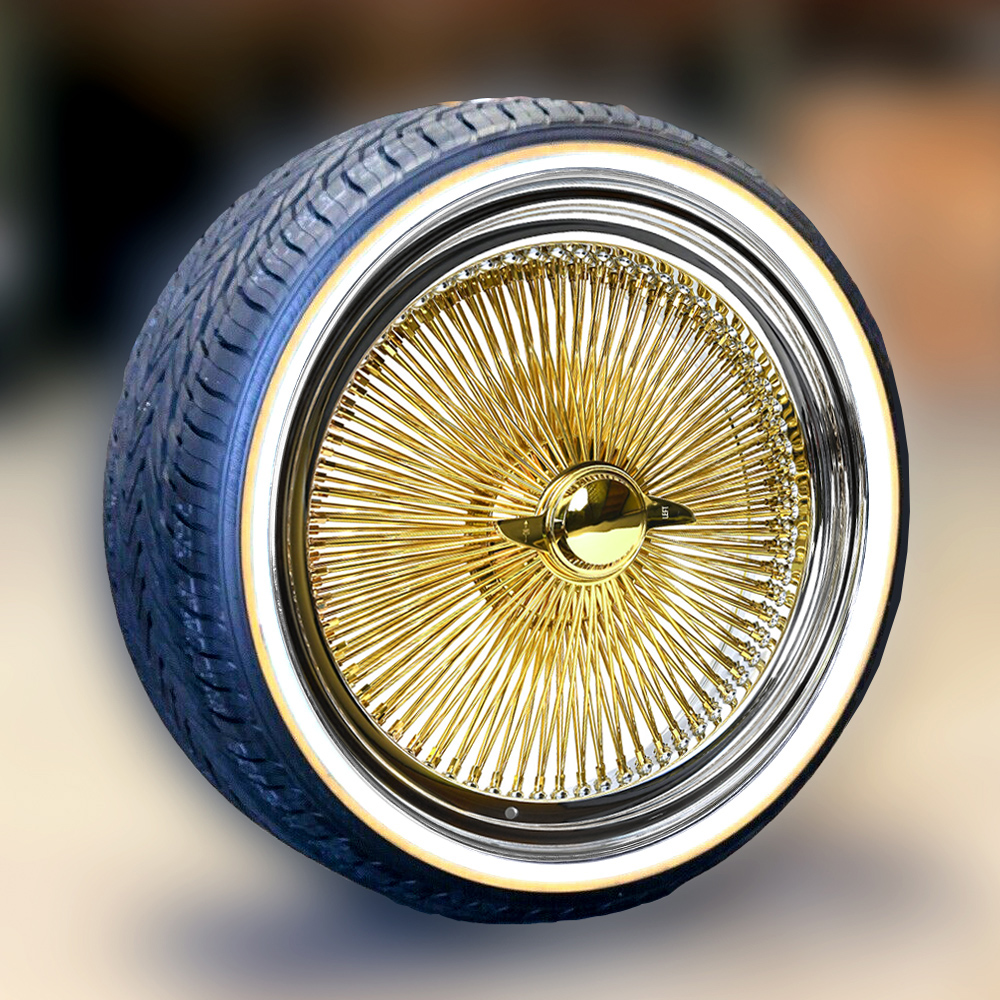 24x10-204-spoke-with-vogue-tire 24x10 Gold Center 204 Spoke Wire Wheels + 305/35R24 Vogue Red Stripe Tires | Set of 4