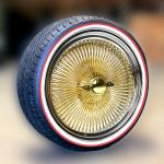 24x10-2004-spoke-gold-center-wire-wheels-vogue-red 24X10 Standard Gold Center Wire Wheels 204 Spoke + Vogue Tires (305/35R24) - Red Stripe