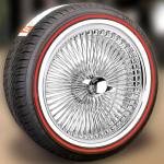 15X7" FWD Wire Wheels Chrome 100 Spoke + Vogue Tires (215/70R15) - Red Stripe