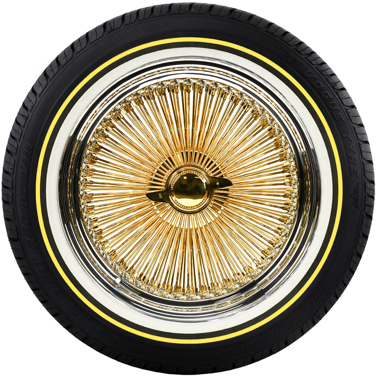 17x8-100-spoke-standard-gold-center-wire-wheels-front 17x8″ Standard Chrome Wire Wheels – 100 Spoke with Original Vogue Tires 225/50R17 – Set of 4