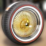 17x8” Gold Wire Wheels – 100 Spoke Standard with Chrome Lip + 235/55R17 Vogue Red Stripe Tires – Set of 4