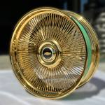 24" Wire Wheels All Gold  Staggered Direct Bolt + 255/30R24 Tires Whitewall and Yellow Stripe