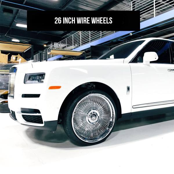 Rolls-royce-wire-wheel 26 inch Wire Wheels All Chrome Bolt On 5x127 +0 ET, 78.1 CB Chrome - One Rim