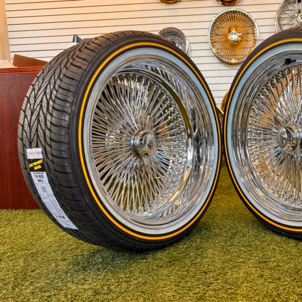 20x8” Staggered Chrome Wire Wheels – 150 Spoke (Front Standard / Rear Reverse) + 245/40R20 Original Vogue Tires | Mounted & Balanced | Set of 4