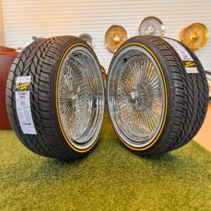 20-inch-wire-wheels-deep-dish-vogue-tires-245-40-20 20x8” Staggered Chrome Wire Wheels – 150 Spoke (Front Standard / Rear Reverse) + 245/40R20 Original Vogue Tires | Mounted & Balanced | Set of 4