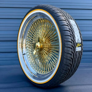 22x8-wire-wheels-gold-center-reverse-standard-lip-chrome-lip-265-35-22-original-vogue-tires 22x8" Gold Wire Wheels Gold Center Chrome Lip + 265/35R22 original vogue brand tires - complete set