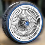 standard-wire-wheels-150-spokes-blue-stripe copy 20X8" Standard Wire Wheels Chrome 150 Spoke + Vogue Tires (245/40R20) - Blue Stripe