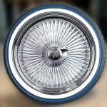 standard-wire-wheels-150-spokes-blue-stripe-front 20X8" Standard Wire Wheels Chrome 150 Spoke + Vogue Tires (245/40R20) - Blue Stripe