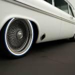 20x8-wire-wheels-150-spoke-245-40-20-vogue-blue-stripe-tires-white-vehicle 20x8" Chrome 150-Spoke Wire Wheels + Vogue Tires (245/40R20) – Whitewall & Blue Stripe | Set of 4