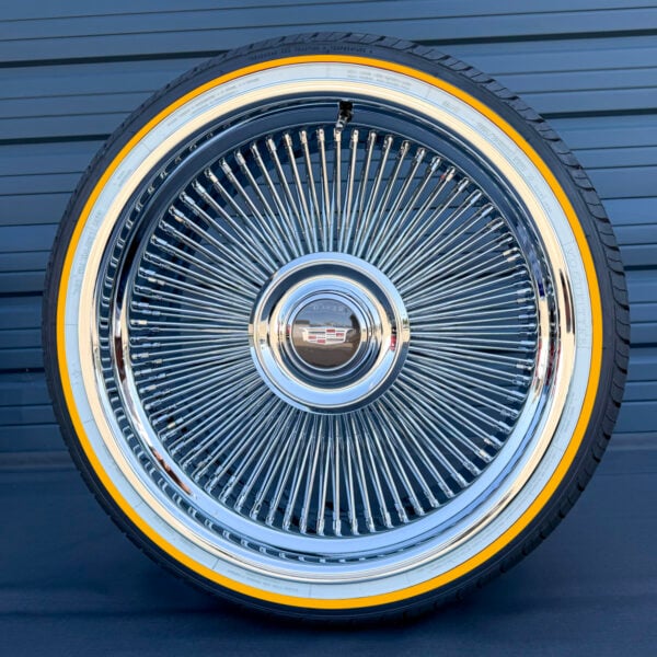 22x9" wire wheels direct bolt on with Cadillac Floating cap and vogue tires.