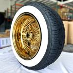 14x7-wire-wheels-all-gold-2-inch-whitewall-tires-side 14x7" Gold Wire Wheels + 2" Whitewall Tires (175/70R14) Set of 4 – Triple Gold-Plated, Show-Ready & Street Tough