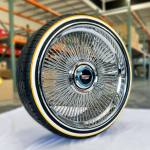 22x9-wire-wheels-floating-cap-chevy-cadillac-vogue-tires-255-30-22 24" Wire Wheels Chrome Staggered Direct Bolt + 275/25R24 True Whitewall and Gold Stripe - Set of 4