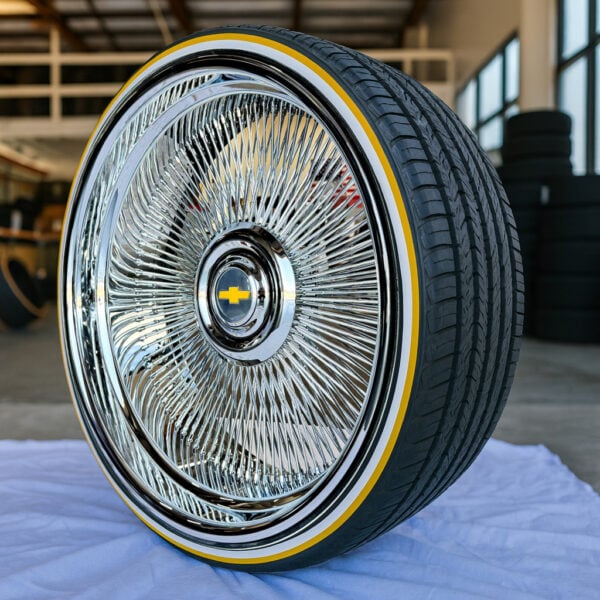 26” Chrome Wire Wheels – Staggered Direct Bolt (26x9 / 26x10) + 275/25R26 Whitewall & Gold Stripe Tires | Custom Made USA | Show Car Set