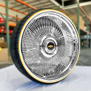 26” Chrome Wire Wheels – Staggered Direct Bolt (26x9 / 26x10) + 275/25R26 Whitewall & Gold Stripe Tires | Custom Made USA | Show Car Set