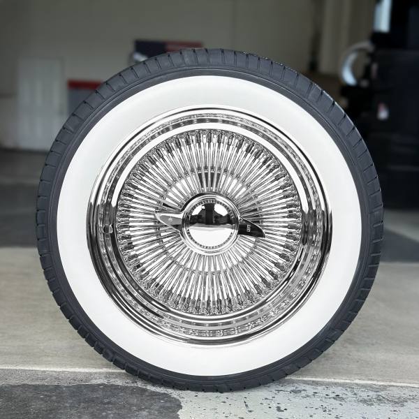 14x7” Reverse Chrome 100-Spoke Wire Wheels + 175/70R14 Custom 1.6” Whitewall Tires – Set of 4 | Show-Ready Lowrider Style