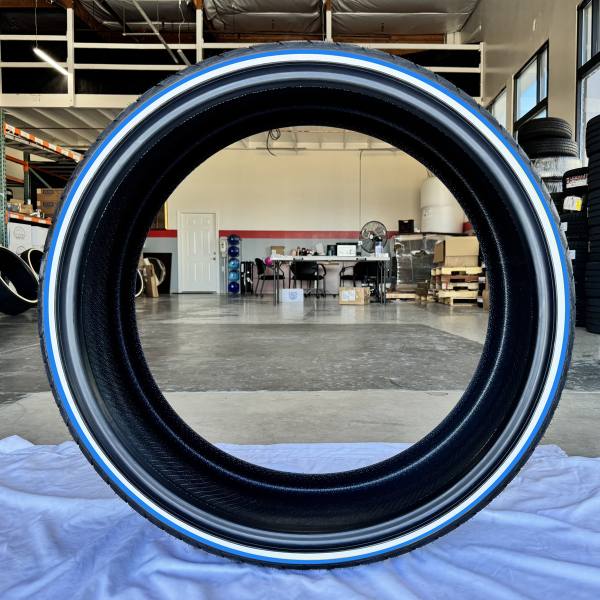 275/30R24 Blue Stripe and Whitewall Tire - weatherproof stripe