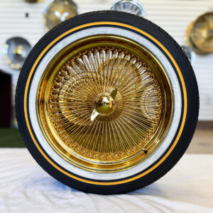 17x8-standard-all-gold-100-spokes-wire-wheels-225-50-r17-vogue-tires-front 17X8" Gold Wire Wheels All Gold Standard 100 Spoke with Vogue Tires (225/50R17) - front view