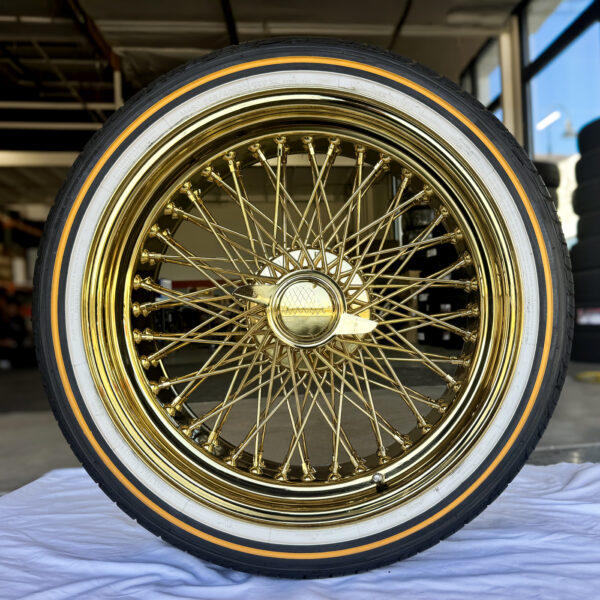 20x8” Standard 80-Spoke Cross Laced Gold Wire Wheels + 245/40R20 Vogue Tires – Triple Plated | Set of 4