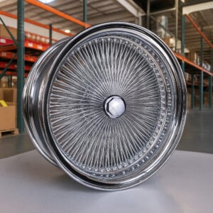 26-inch-dayton-wire-wheels-chrome 26” Chrome Dayton-Style Wire Wheels – Staggered Donk Set (26x9 / 26x10, 6” Lip Rear) | Knock-Off Hub | Custom Show Car Rims