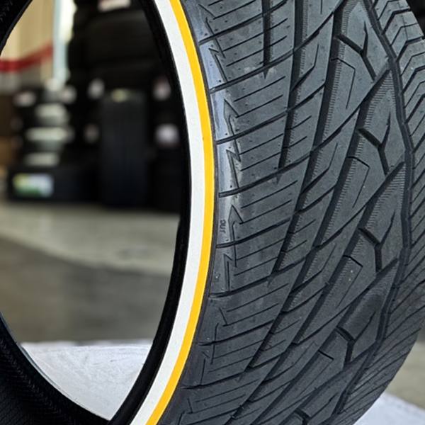275-23-24-whitewall-yellow-stripe-tires-side-close 275/23R24 Whitewall & Yellow Stripe Tire – Ultra Low Profile | Handmade in USA