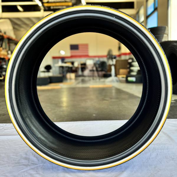 275-23-24-whitewall-yellow-stripe-tires-side-front 275/23R24 Whitewall & Yellow Stripe Tire – Ultra Low Profile | Handmade in USA