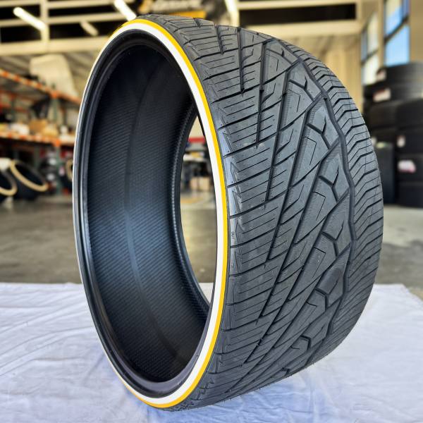 275-23-24-whitewall-yellow-stripe-tires-tread 275/23R24 Whitewall & Yellow Stripe Tire – Ultra Low Profile | Handmade in USA