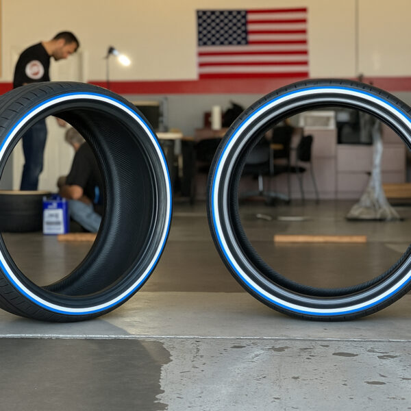 275/25ZR28 Whitewall & Blue Stripe Tire – Custom Handmade USA | Ultra Wide Low Profile for Luxury Builds