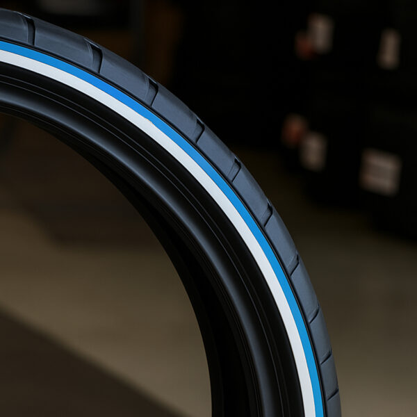 275/25ZR28 Whitewall & Blue Stripe Tire – Custom Handmade USA | Ultra Wide Low Profile for Luxury Builds