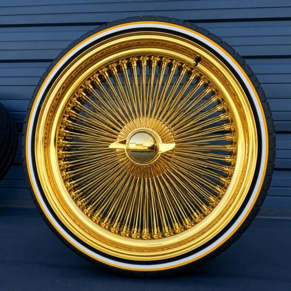 24×10 All Gold Wire Wheels + Whitewall Gold Stripe Tires