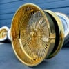 26” Gold Dayton-Style Wire Wheels – Staggered Donk Set (26x9 / 26x10, 6” Lip Rear) | Knock-Off Hub | Custom Show Car Rims