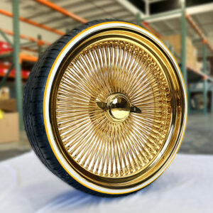 26x10-wire-wheels-all-gold-dayton-standard 24x10” All Gold 204-Spoke Wire Wheels + 255/30R24 Whitewall Gold Stripe Tires | Donk & Classic Fitment – Set of 4