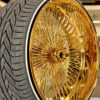 26” Gold Dayton-Style Wire Wheels – Staggered Set + 275/25R26 Custom Whitewall Tires – Donk Ready | Set of 4