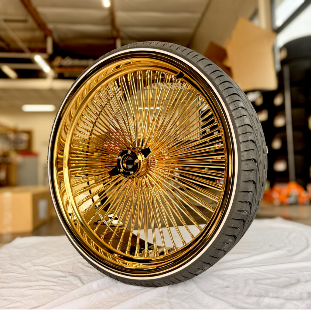 26” Gold Dayton-Style Wire Wheels – Staggered Set + 275/25R26 Custom Whitewall Tires – Donk Ready | Set of 4