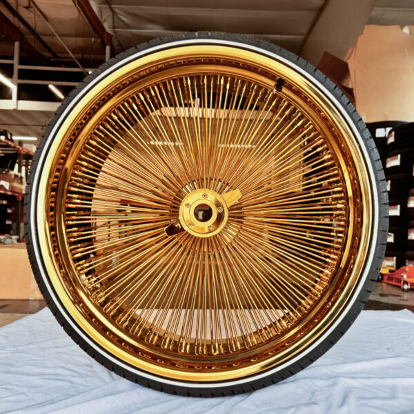 26” Gold Dayton-Style Wire Wheels – Staggered Set + 275/25R26 Custom Whitewall Tires – Donk Ready | Set of 4