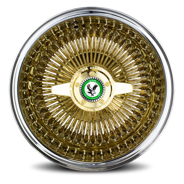 100-Straight-Gold-Emblem-Green_78d2db0f-1d18-4ec4-b791-6602f47fb731 14x6” Gold Center Wire Wheels – 100 Spoke Straight Lace Reverse Offset – Set of 4