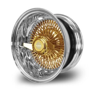 13-inch-wire-wheels-100-spoke-reverse-gold-center-wire-wheels-side-view 13x7 Reverse Offset Wire Wheel – Gold Center Side Angle