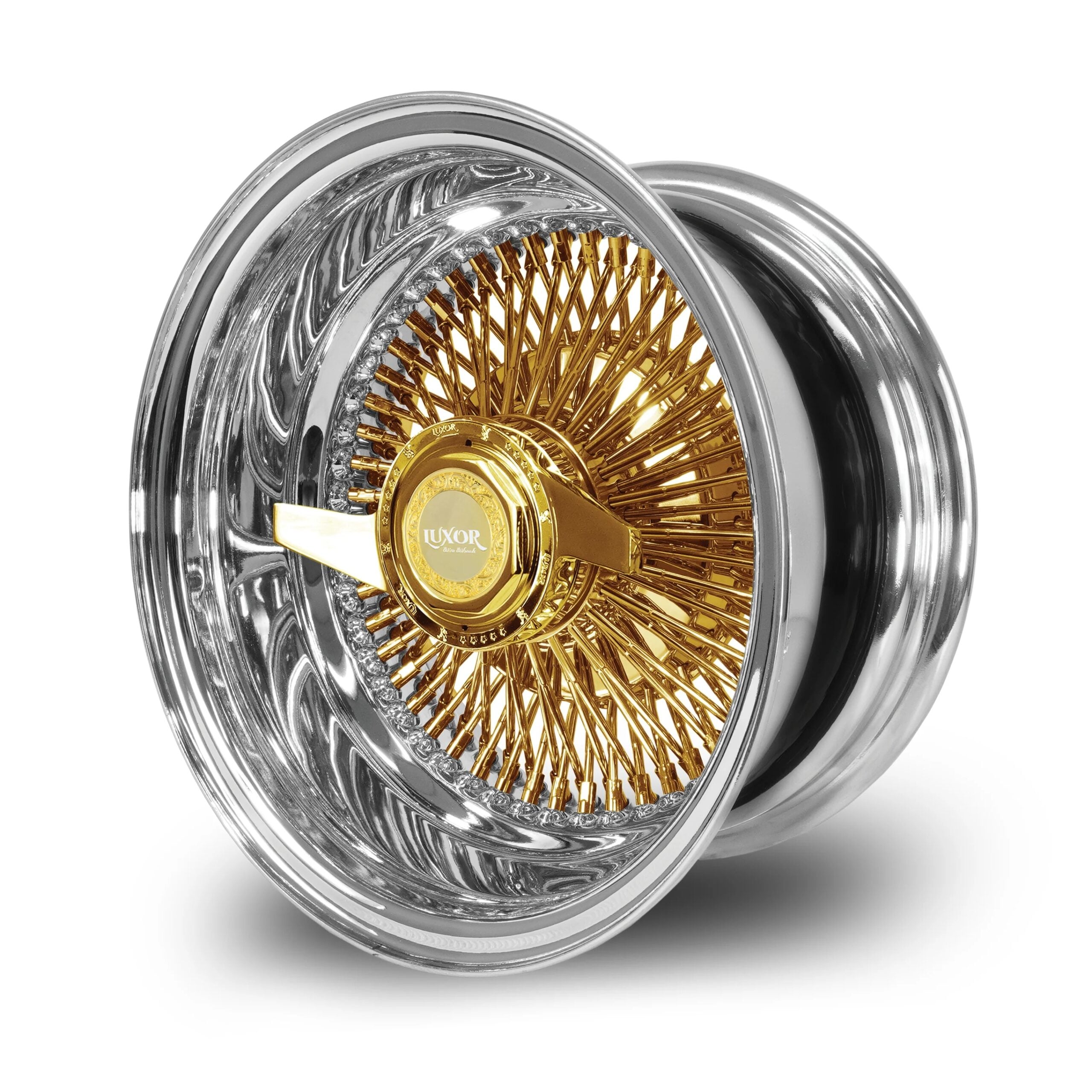 13×5.5 Luxor Gold Center Wire Wheels | Chrome Lip Reverse